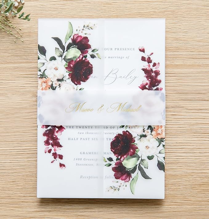 PONATIA 50 PCS Vellum Jackets for 5x7 Invitations- 135gsm Burgundy Floral Printed Vellum Sleeves, Quinceanera Wedding Invitation Cards Wraps