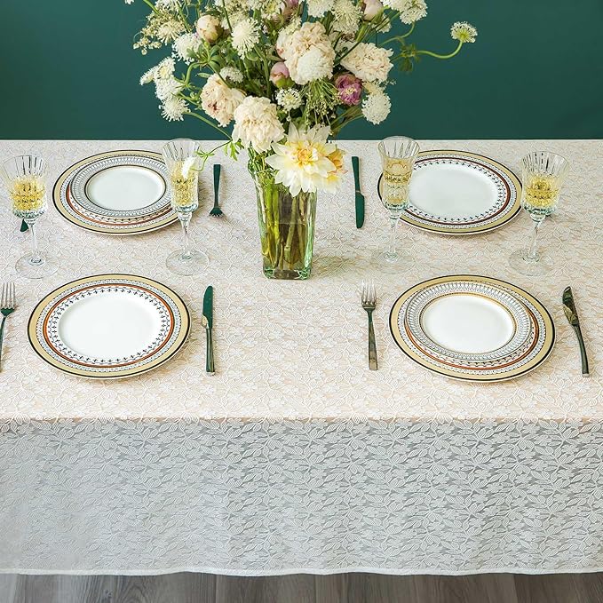 Lace Tablecloth Leaf Pattern Warp Knitting Fabric Solid White Rectangle/Oblong Table Cover for Kitchen Dining Farmhouse Wedding Party Decor Ivory, 55x102 Inch