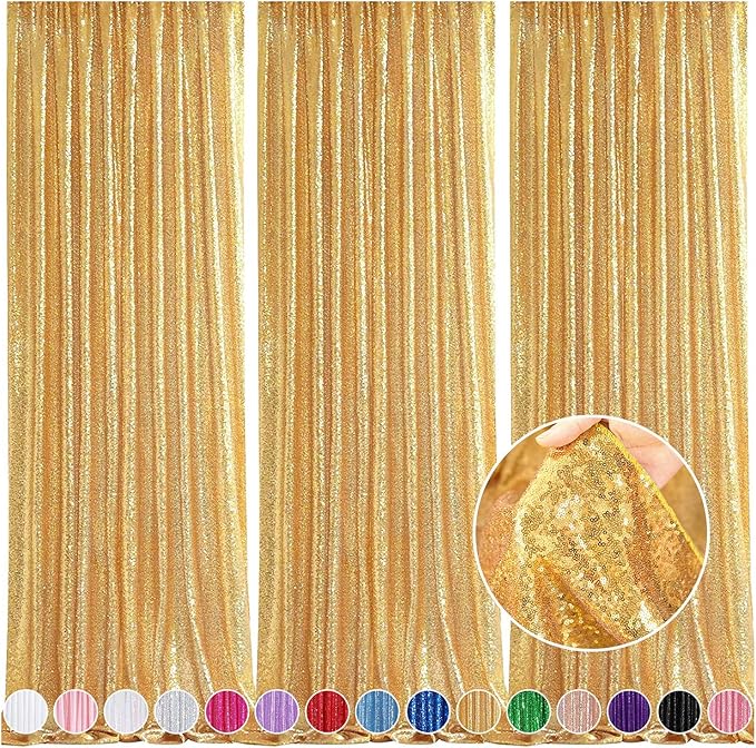Gold Backdrop Curtain for Parties - 3 Pieces Glitter Sequin Background Backdrops 2x8ft Birthday Baby Shower Decorations