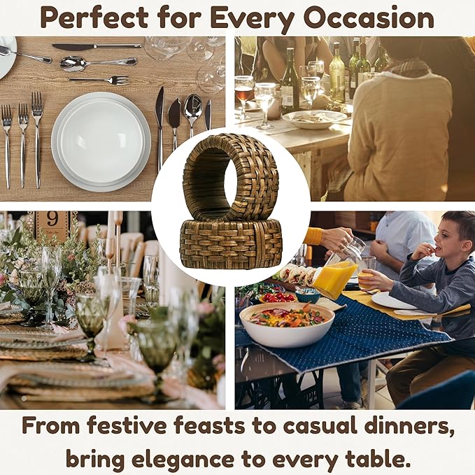 Decorative Cane Napkin Rings Set of 12 - Hand Woven Napkin Holders for Farmhouse, Rustic, Holiday, Wedding, Easter, Thanksgiving, Xmas, Boho & Fall Table Décor (Walnut) - CLEENTABLE
