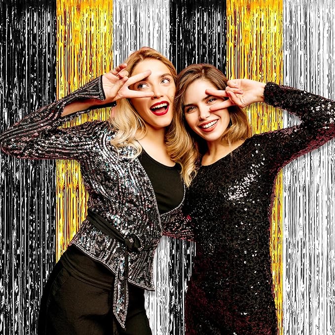 6 Pack Black Gold Silver Foil Fringe Curtain Backdrop, 3.28Ft x 8.2Ft Metallic Tinsel Foil Fringe Streamer Curtains for Photo Booth, Birthday, Wedding, New Year Party Decorations