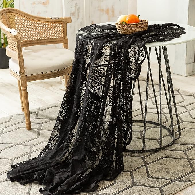 Gorgeous Round Lace Tablecloth,Vintage Floral Embroidered Table Cloths, Chic Round Table Cover for Wedding Banquet HolidayDinner Tables 60INCH (Black)