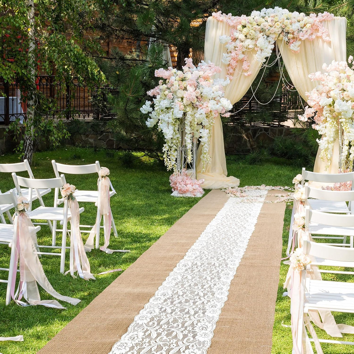 Preboun 3ft X 20 ft Aisle Runner for Wedding Ceremony, Lace Burlap Style