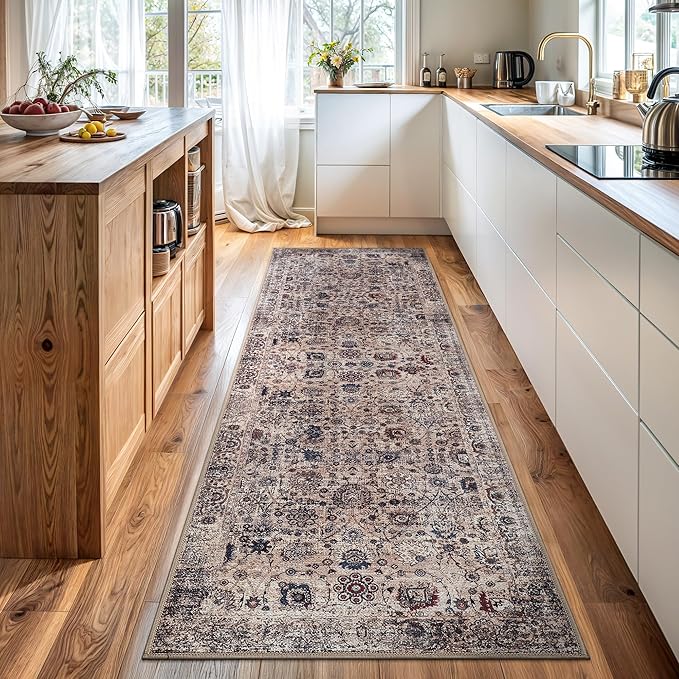 Bloom Rugs Washable Non-Slip 10 ft Runner - Light Tan/Blue Traditional Oriental Runner for Entryway, Hallway, Bathroom, and Kitchen - Exact Size: 2.5' x 10'