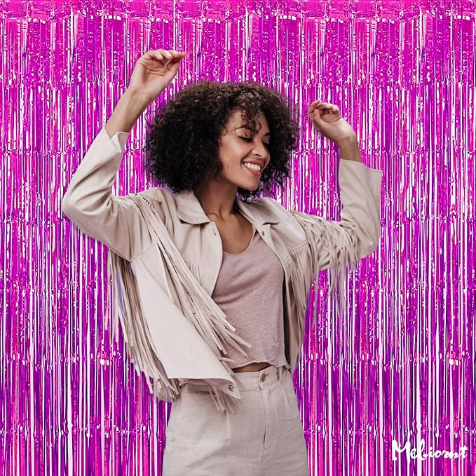 4 Pack Fuchsia Fringe Curtain Backdrop, 3.2Ft x 6.6Ft Metallic Tinsel Foil Fringe Streamers Curtains Background for Photo Booth Birthday Wedding Baby Shower Party Thanksgiving Christmas Decorations