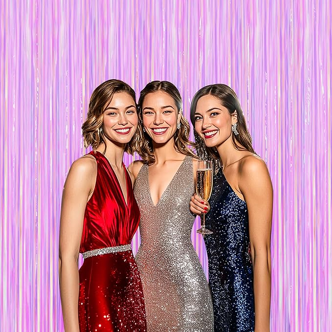 BTSD-home 4 Pack Iridescent Transparent Purple Foil Fringe Curtain, Metallic Photo Booth Tinsel Backdrop Door Curtains for Wedding Birthday Baby Shower Bachelorette Party Decorations(8ft x 3ft)
