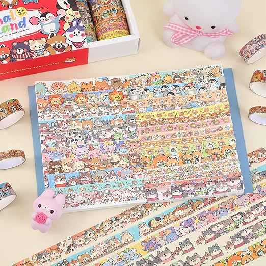 24 Rolls Colorful Cute Cartoon Animal Writable Washi Tape Set, Decorative Tapes for Scrapbooking and Journaling, Junk Journal Supplies, Bullet Journaling for Women Girl 8-15mm Wide 9.84ft Long/Roll