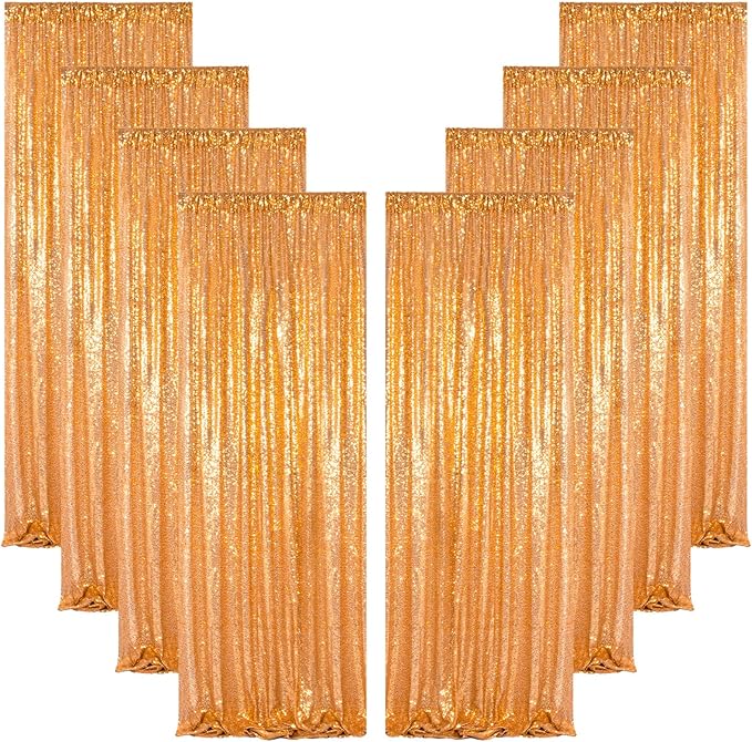 ShinyBeauty Gold Sequin Backdrop 2FTx8FT 8 Pieces Photography Backdrops Baby Shower Backgrounds Sequins Fabric Golden Shimmer Curtains for Party,Outdoor,Wedding Decor Sparkle Curtain Panels