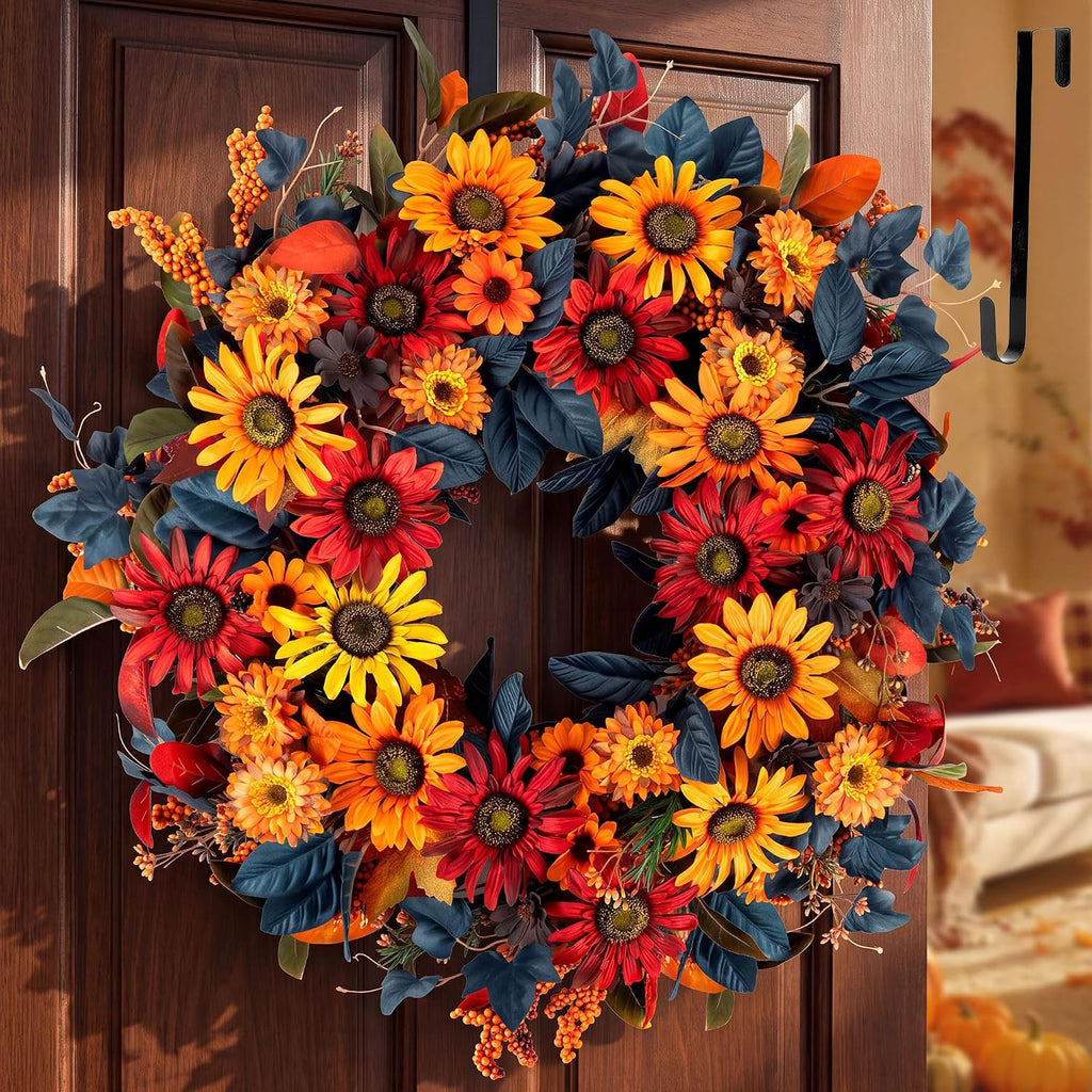 blosmon 24in fall wreaths for front door, sunflower, main product view