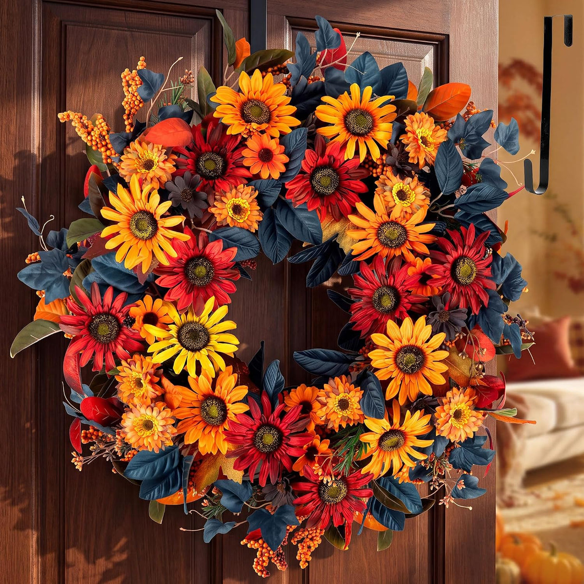 blosmon 24in fall wreaths for front door, sunflower, main product view