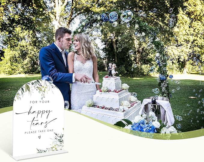 Greenery Happy Tears Tissue Sign, 6 x 8 Inch White Arch Acrylic Wedding Sign with Holder, Wedding Sign for Ceremony and Reception, Wedding Decoration, Wedding Supplies - LY25
