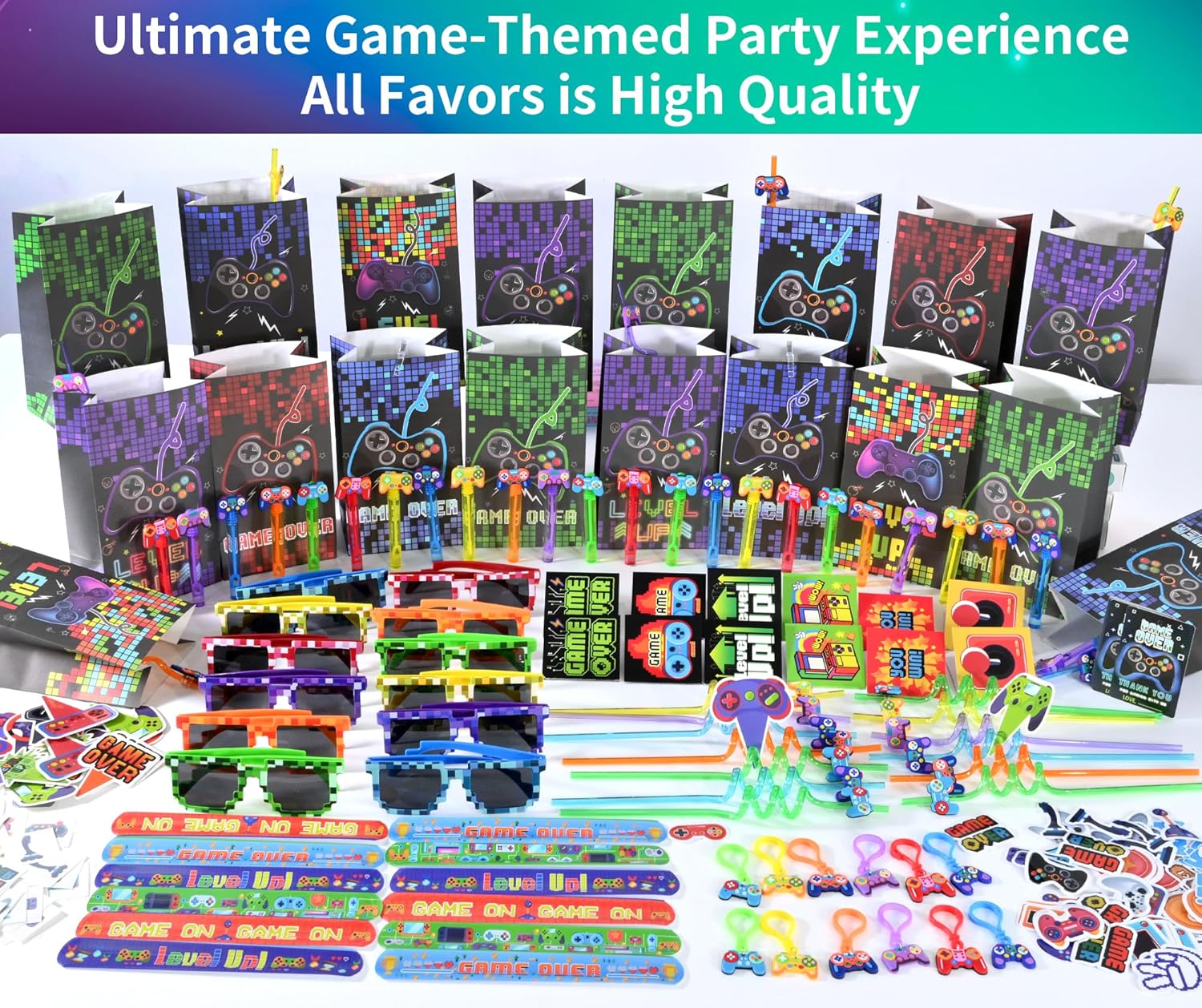PLOUGVI 320PCS Video Game Party Favors for Kids-Including Goodie Bags, Glasses, Straws, Bubble Wands, Stickers, Cake Toppers, Tattoos & More-Perfect for Theme Party Decorations & Piñata Fillers