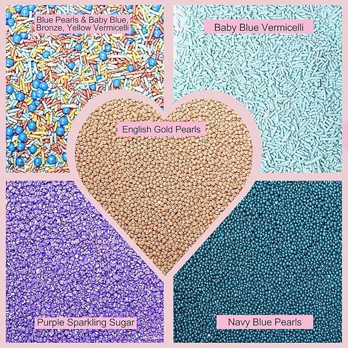 Confect Sprinkles Mix – Pack of 5 Assorted Cake & Cupcake Decorating Sprinkles – Bright Blue, Rose Gold & Gold Dragees, Baby Blue Jimmies, Purple Sparkling Sugar | Aquamarine Party Sprinkles– Vegan, Gluten-Free, Nut-Free, Soy-Free, Dairy-Free, Palm Oil...