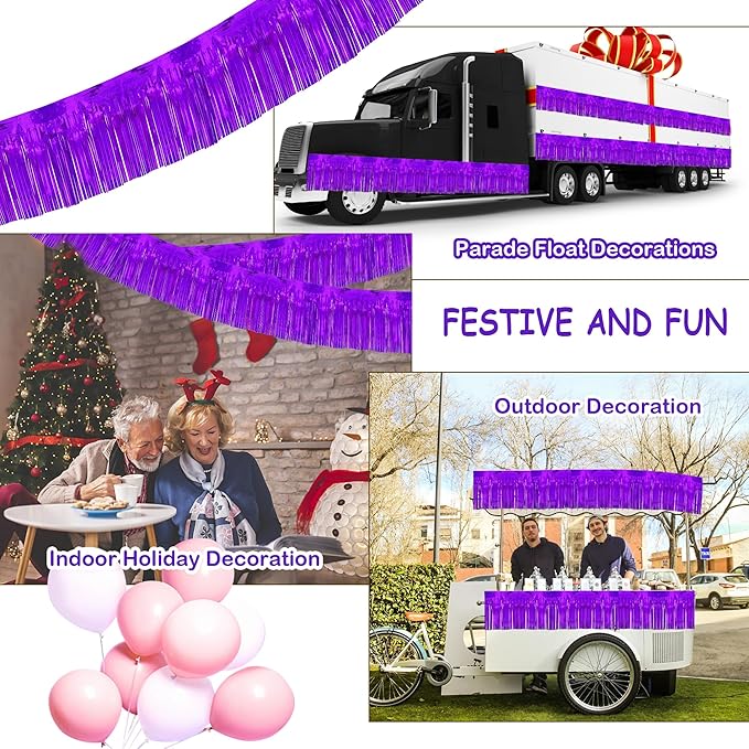 4 Pack 10 Feet Glitter Purple Parade Float Decorations for Trailer Car, Glitter Foil Fringe Metallic Tinsel Streamers Banner Garland for Graduation Homecoming Birthday Party (Glitter-Purple)