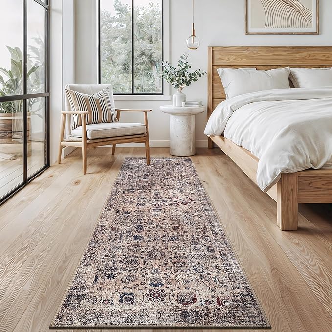 Bloom Rugs Washable Non-Slip 12 ft Runner - Light Tan/Blue Traditional Oriental Runner for Entryway, Hallway, Bathroom, and Kitchen - Exact Size: 2.5' x 12'
