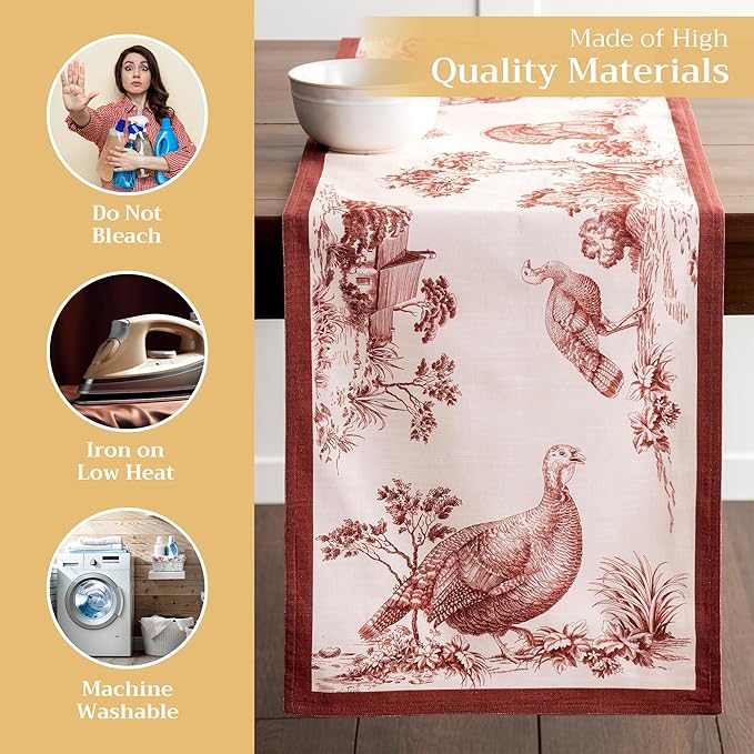Maison d' Hermine Table Runner 100% Cotton Double Layer Table Runners 108 inches Long for Thanksgiving Christmas Decorations Home Kitchen Dining Party Wedding (Holy Jouy - Brown, 14.5" x 108")