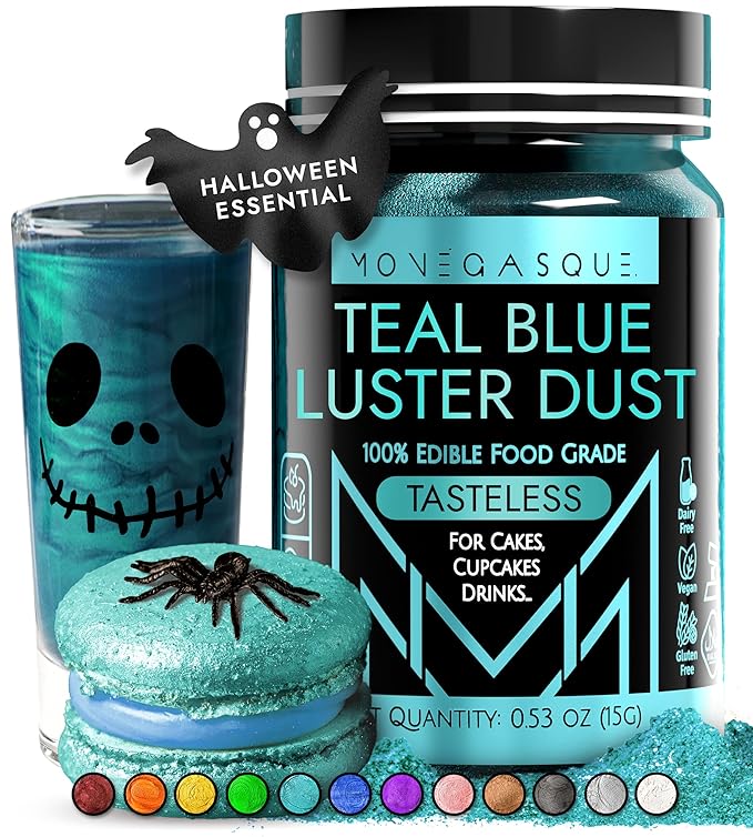 MONÉGASQUE Teal Blue Edible Glitter for Drinks 15g – Halloween Edible Glitter for Cakes & Cocktails – Cocktail, Cake, & Cupcake Luster Dust Spray – Teal Food Coloring & Drink Decorations Sprinkles