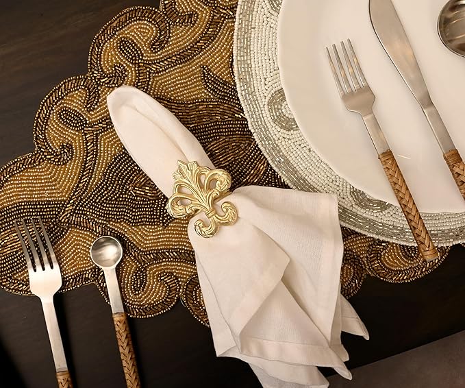 Lightweight Metal Napkin Rings Set of 12 - Fleur-de-Lis Napkin Holders for Dining Table, Weddings, and Special Events - Elegant Table Décor for Home & Restaurants (Gold) - CLEENTABLE
