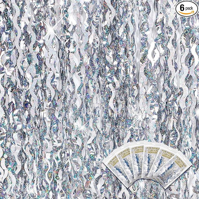Jutom 6 Pieces 3.3 x 6.6 ft Wavy Tinsel Foil Fringe Curtains Foil Fringe Streamer Backdrop Party Curtain for Sea Mermaid Baby Shower Birthday Party Decoration(Silver)