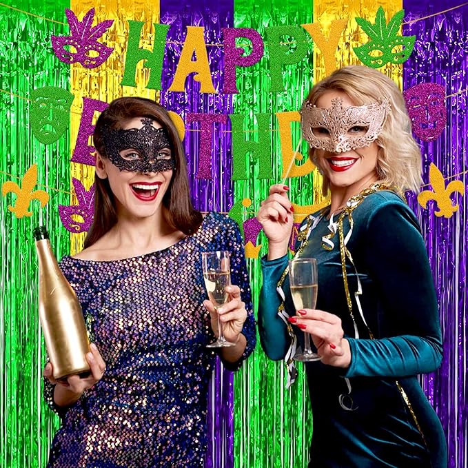 6 Pack Gold Green Purple Foil Fringe Curtains Backdrop, 3.28 x 8.2 Ft Metallic Streamers Tinsel Curtains Background for Photo Booth, Birthday, Weddings, Carnivals, Graduation, Themed Party Decorations