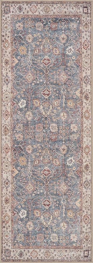 Bloom Rugs Washable Non-Slip 10 ft Runner - Beige/Blue Traditional Bordered Runner for Entryway, Hallway, Bathroom, and Kitchen - Exact Size: 2.5' x 10'