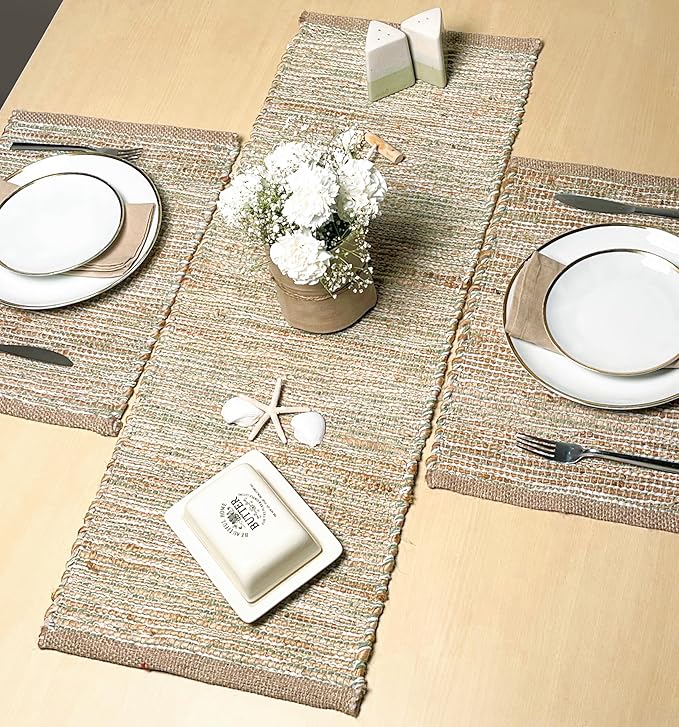 Chardin home Natural Jute Table Runner 13x36 Inch – Vintage Boho Rustic Table Decor – Handwoven Table Runner in Natural Jute and Sage Green-White – Farmhouse Dining or Console Table Accent