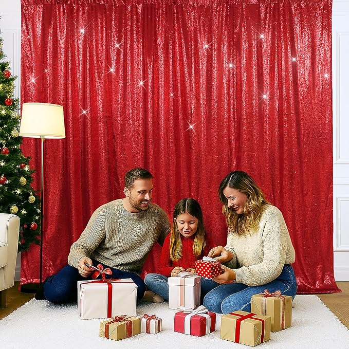 SquarePie Sequin Backdrop Less Transparent Background Sparkly Curtain for Wedding Party 7FT x 7FT Red