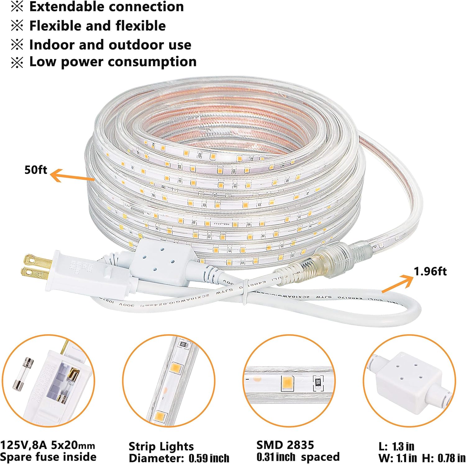SURNIE LED Rope Lights Outdoor Waterproof Warm White, 50ft Outside Bright Lighting Cuttable Connectable Flexible 110V Cool Clear Flat 3000K, Indoor Deck Patio Christmas Camping Decor, Not Tube Rope