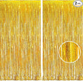 BRAVESHINE Gold Tinsel Foil Fringe Curtains - 2Pcs 3.2x8.2ft Holidays Photo Backdrop for Men 60th Birthdays/Bridal Wedding/Engagement/Anniversary/Hawaiian/Luau/Christmas/New Years Party Decorations