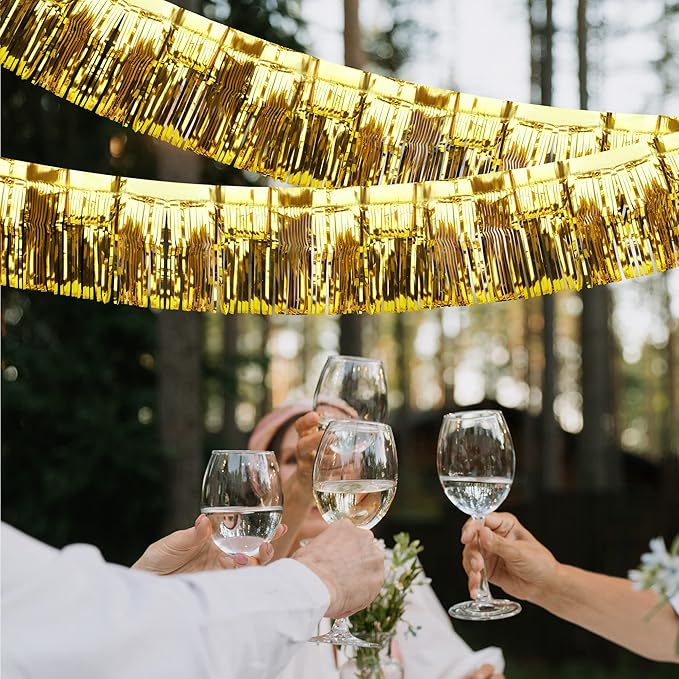 4 Pack Iridescent Float Fringe Curtains, Metallic Foil Fringe Garland Shiny Tassel Foil Float Parade Float Decorations for Trailer Car Graduation Homecoming Outdoor Indoor Party (Gold)