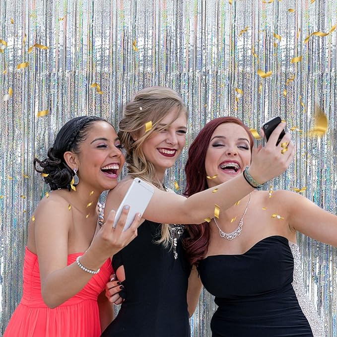 2 Pack Silver Glitter Backdrop Party Decorations Tinsel Streamers Foil Fringe Curtains Shimmer Wall Backdrop Christmas Birthday Bachelorette Party Wedding Decor Supplies