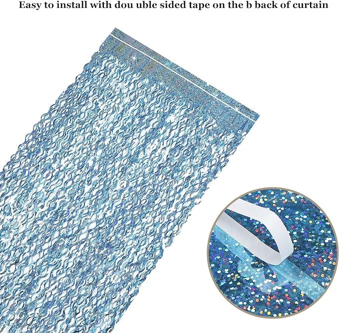 3 Pack 3.3 ft x 6.6 ft Tinsel Foil Fringe Curtain Blue - Foil Fringe Backdrop Wall Curtains for Baby Shower,Mermaid,Under The Sea,Ocean,Frozen Party Decorations