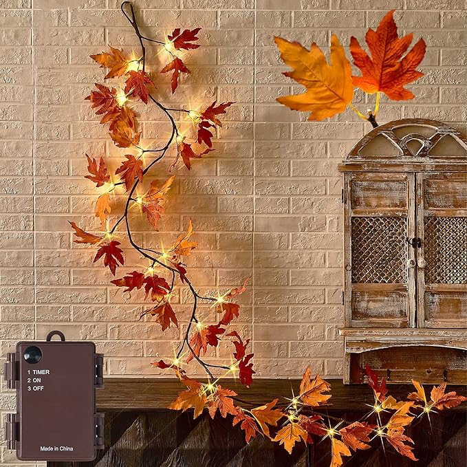 Fudios Lighted Maple Leaf Garland with Timer 24 Warm White LED 6FT for Fall Thanksgiving Decor, Artificial Garland with Lights Battery Operated Harvest Christmas Decoration Indoor Outdoor