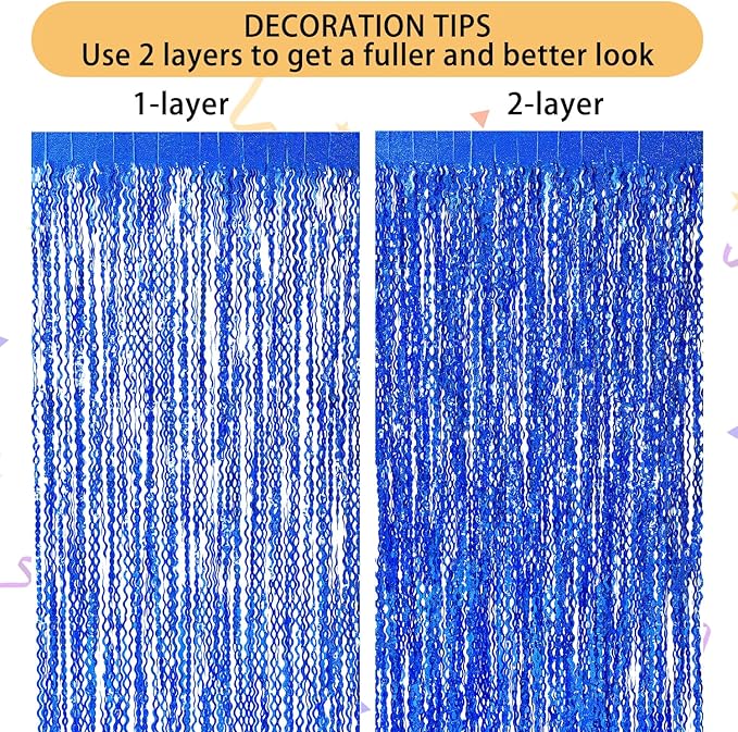 4 Pack Navy Blue Wavy Foil Fringe Curtains Party Decorations - 3.3 ft x 6.6 ft Streamer Tinsel Curtain Party Photo Backdrops for Birthday Party