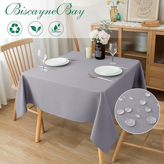Biscaynebay Textured Fabric Square Tablecloths 90x90 Inches, Silver Grey Water Resistant Spill Proof Card Table Cloth Folding Table Cover for Dining, Kitchen, Wedding and Parties, Machine Washable