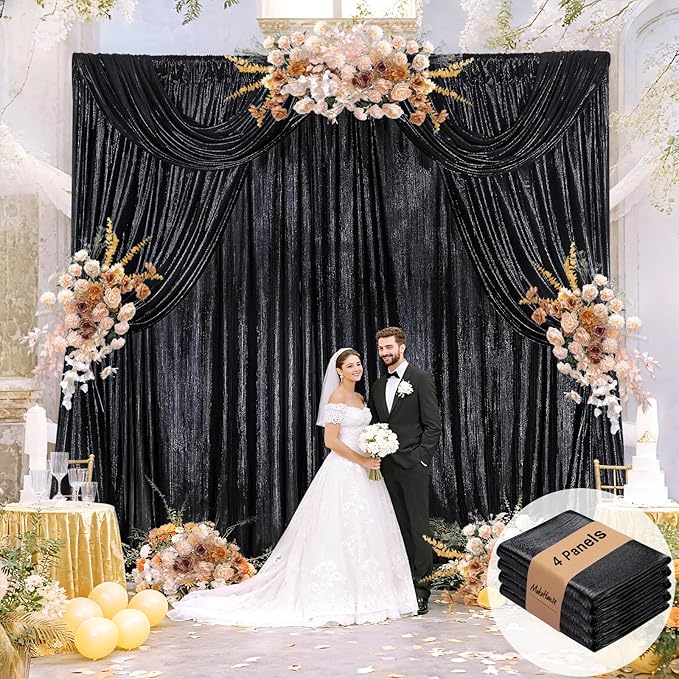 Black Backdrop for Parties 4 Panels 4.8x8FT Sequin Curtains Backdrop Drapes Giltter Photo Photography for Wedding Bridal Baby Shower Graduation