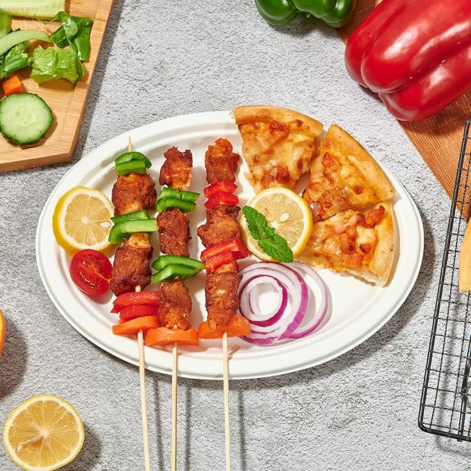 Vplus 300 Pack 100% Compostable Oval Paper Plates 12 inch Super Strong Disposable Paper Plates Bagasse Natural Biodegradable Eco-Friendly Sugarcane for BBQ, Party, Dinner, and Picnic