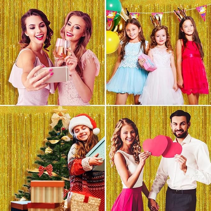 Picoway 4 Pack Gold Foil Fringe Tinsel Backdrop Curtains, Birthday Engagement Bachelorette Party Decorations, Photo Booth Props Door Streamers Curtain