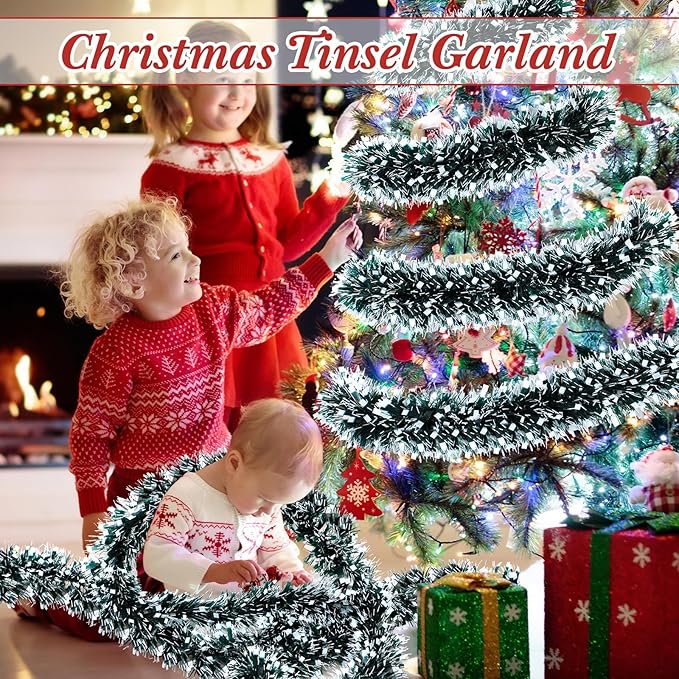 72 Feet Christmas Tinsel Garland Shiny Metallic Tinsel Twist Garland Streamers Ornaments Long Glitter Christmas Tree Hanging Decorations for Party Holiday Wedding Birthday Tree (Dark Green, Black)
