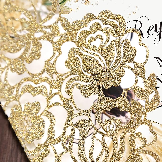 DORIS HOME 50pcs Laser Cut Quinceanera Invitations Gold Glitter, 4.7x7.1 Blank Quince Invitations for 15th Birthday, Invitation cards for Sweet 16 with Envelopes