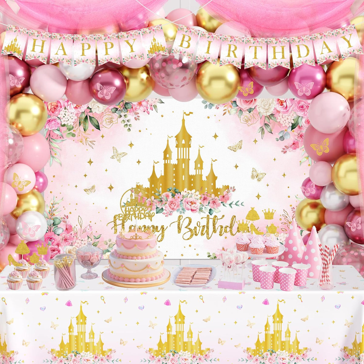 thaway princess birthday decorations pink gold balloon arch, package contents