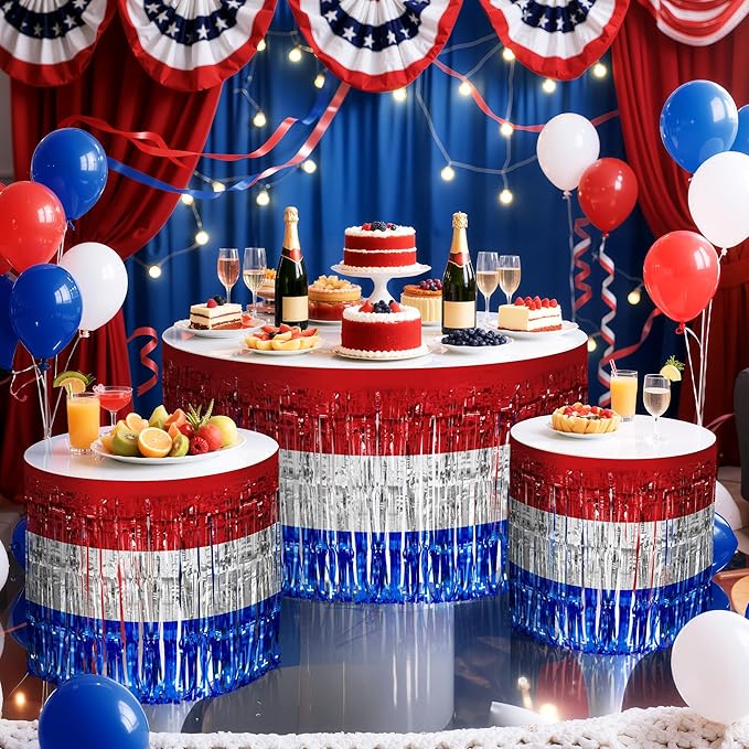 2 Pack Red&White&Blue Table Skirts, 29x108" Metallic Foil Tinsel Fringe Table Skirt for Rectangle Tables Streamer Curtains Backdrop, Party Decorations for Birthdays, Weddings, Holidays