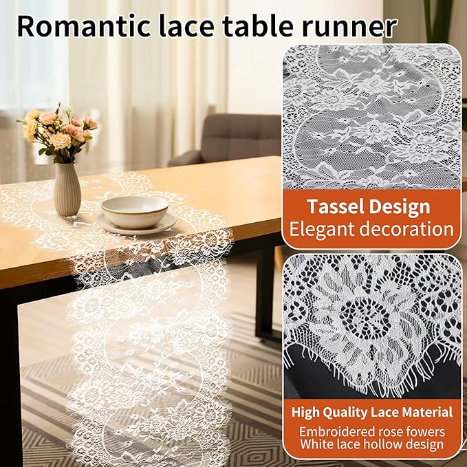 3 Pcs White Lace Table Runners 14 x 120 Inch Boho Rose Embroidered Floral Vintage Rustic Table Decoration for Wedding Party Bridal Shower Decorations