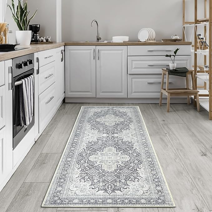 Bloom Rugs Washable Non-Slip 7 ft Runner - Charcoal Blue Traditional Medallion Runner for Entryway, Hallway, Bathroom, and Kitchen - Exact Size: 2.5' x 7'