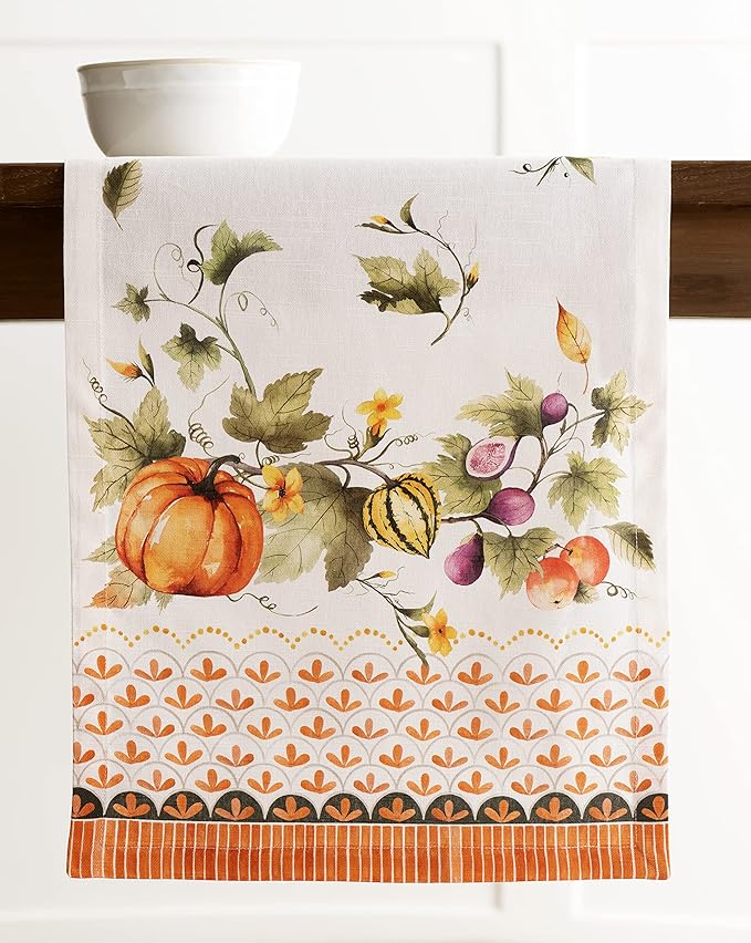 Maison d' Hermine Table Runner 100% Cotton Single Layer Table Runners 108 inches Long for Thanksgiving Christmas Decorations Home Kitchen Dining Wedding (Pumpkin Garden - Cloudy Cream, 14.5" x 108")