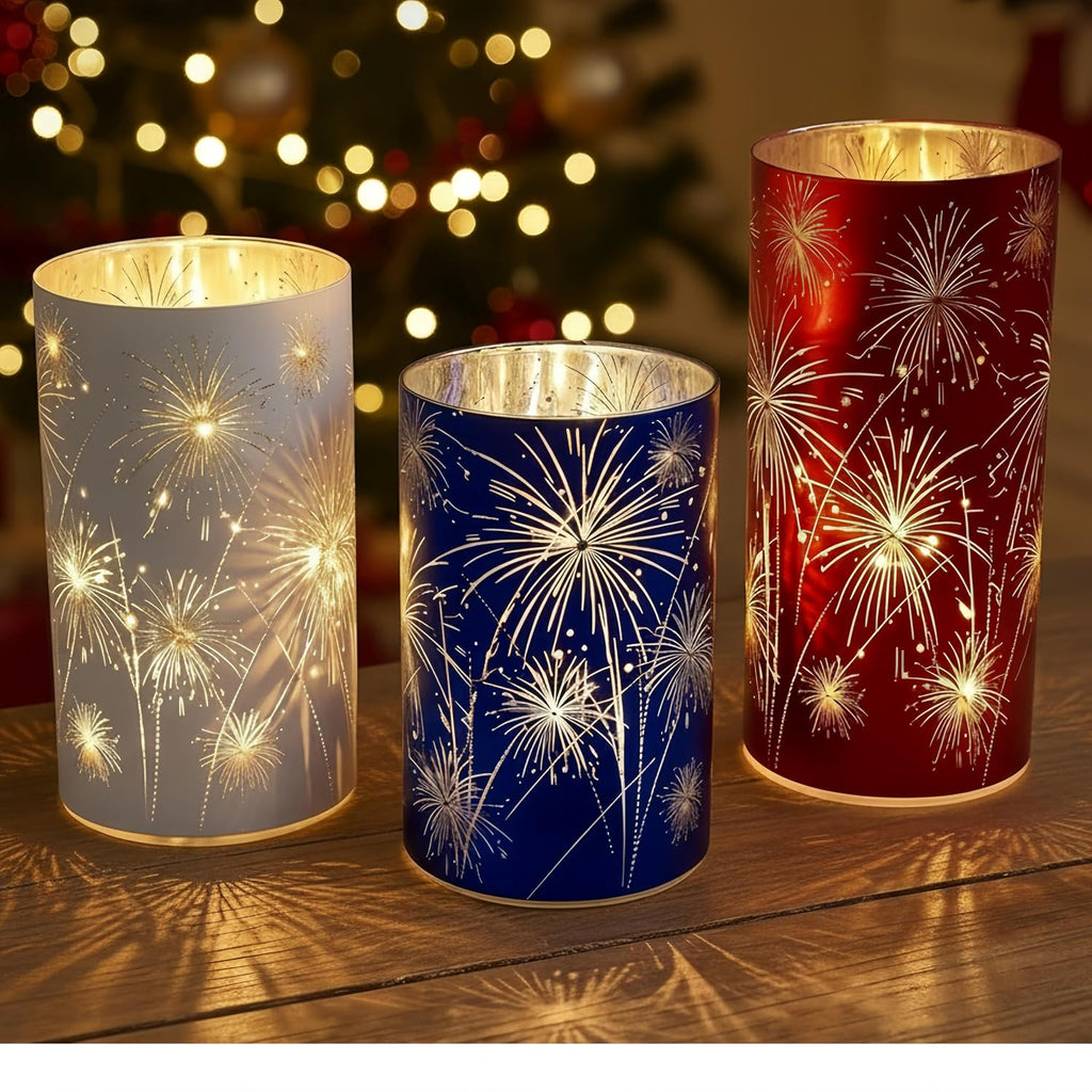 Set of 3 Red White and Blue Celebration Hurricane Firework Lanterns | 3D Etched Starburst Patriotic Led Candles Lights Hurricanes for Birthday Wedding Christmas Parties Chic Modern Home Decor