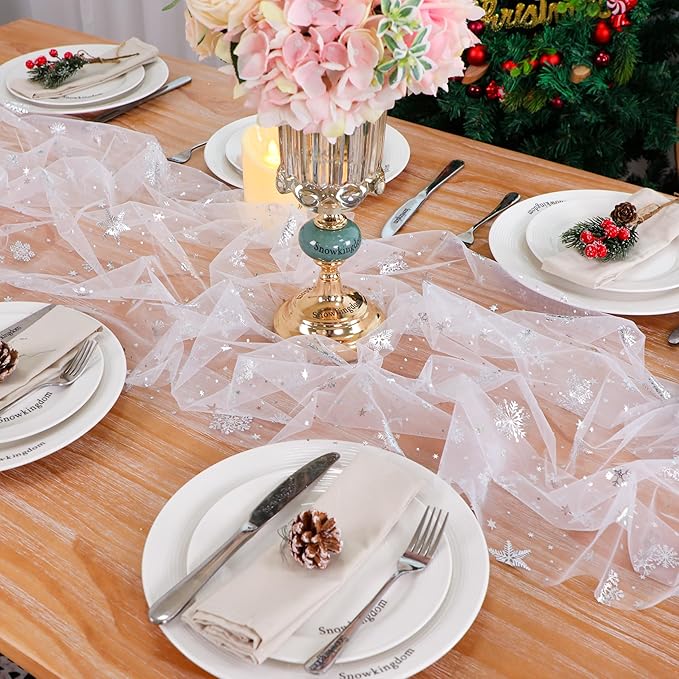 Snowkingdom Christmas Snowflake Cheesecloth Table Runner Silver 120 Inch Sheer Chiffon Gauze Runner, Winter Decorations Sparkly Sequin Metallic Party dining Table for Christmas Winter Holiday New Year