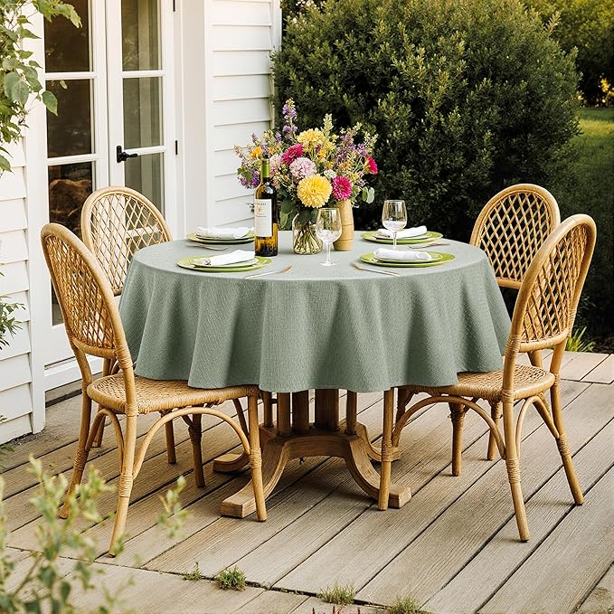 MIULEE Sage Green Linen Cottton Table Cloth Round Tablecloth Waterproof Spillproof Cross-Star Textured Table Cltoth Decorative Farmhouse Style for Dining Party Weddings 60 Inch