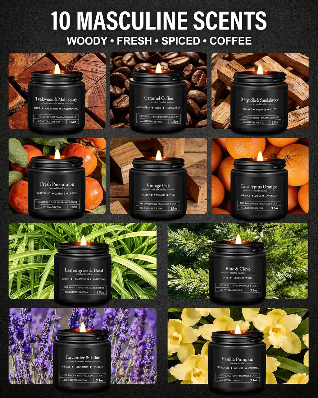 10 Pack Scented Candles for Men, Masculine Candle Gift Set with Woody & Fresh Scents, Soy Wax Aromatherapy Candles for Home, Gifts for Him, Boyfriend, Father's Day