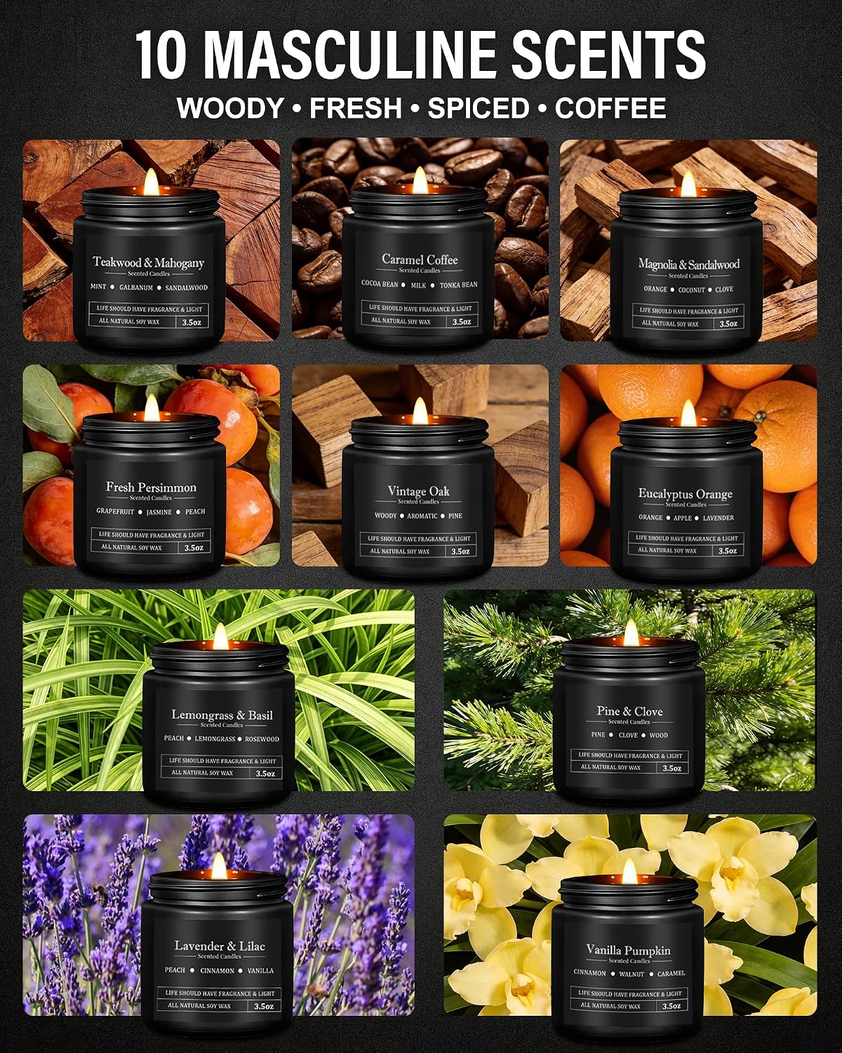 10 Pack Scented Candles for Men, Masculine Candle Gift Set with Woody & Fresh Scents, Soy Wax Aromatherapy Candles for Home, Gifts for Him, Boyfriend, Father's Day